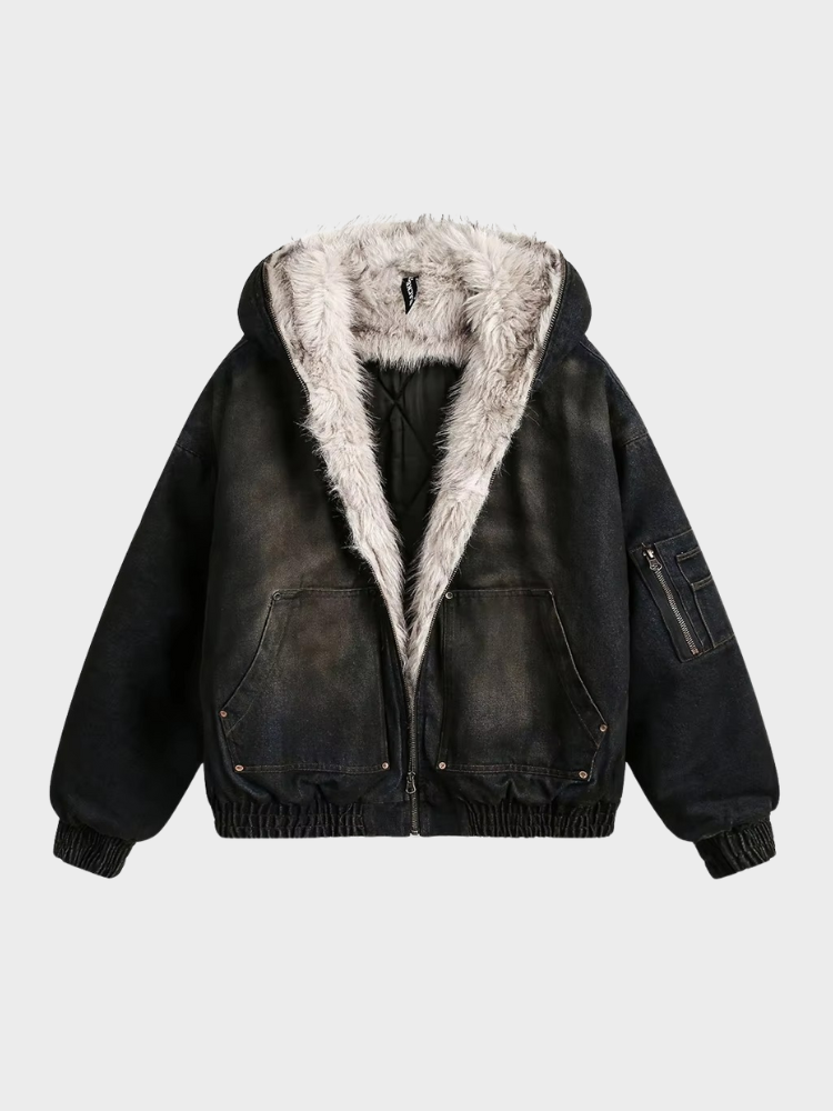 DCRB Washed Denim Fur Hooded Jacket