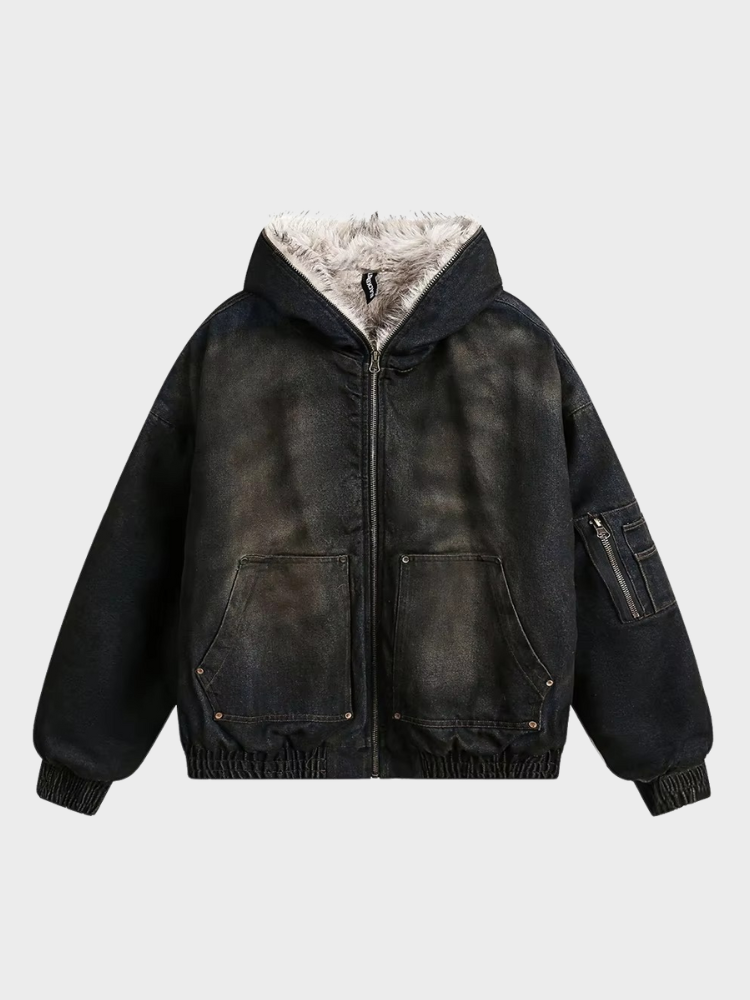 DCRB Washed Denim Fur Hooded Jacket