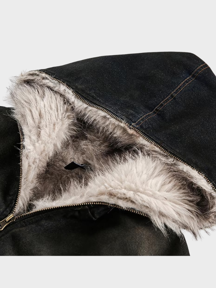 DCRB Washed Denim Fur Hooded Jacket