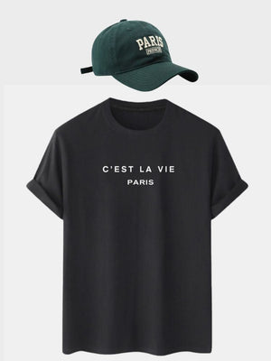 Black shirt with green cap