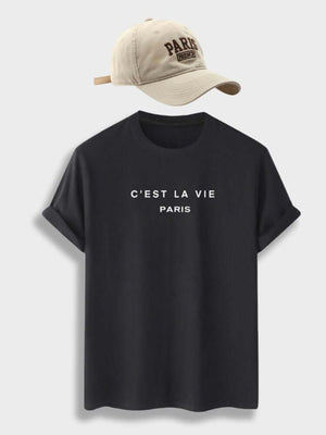 Black shirt with beige cap