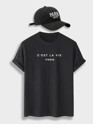 Black shirt with black cap