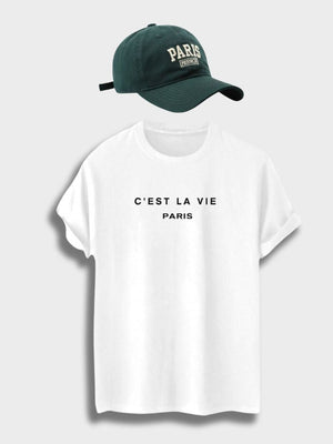 White shirt with green cap
